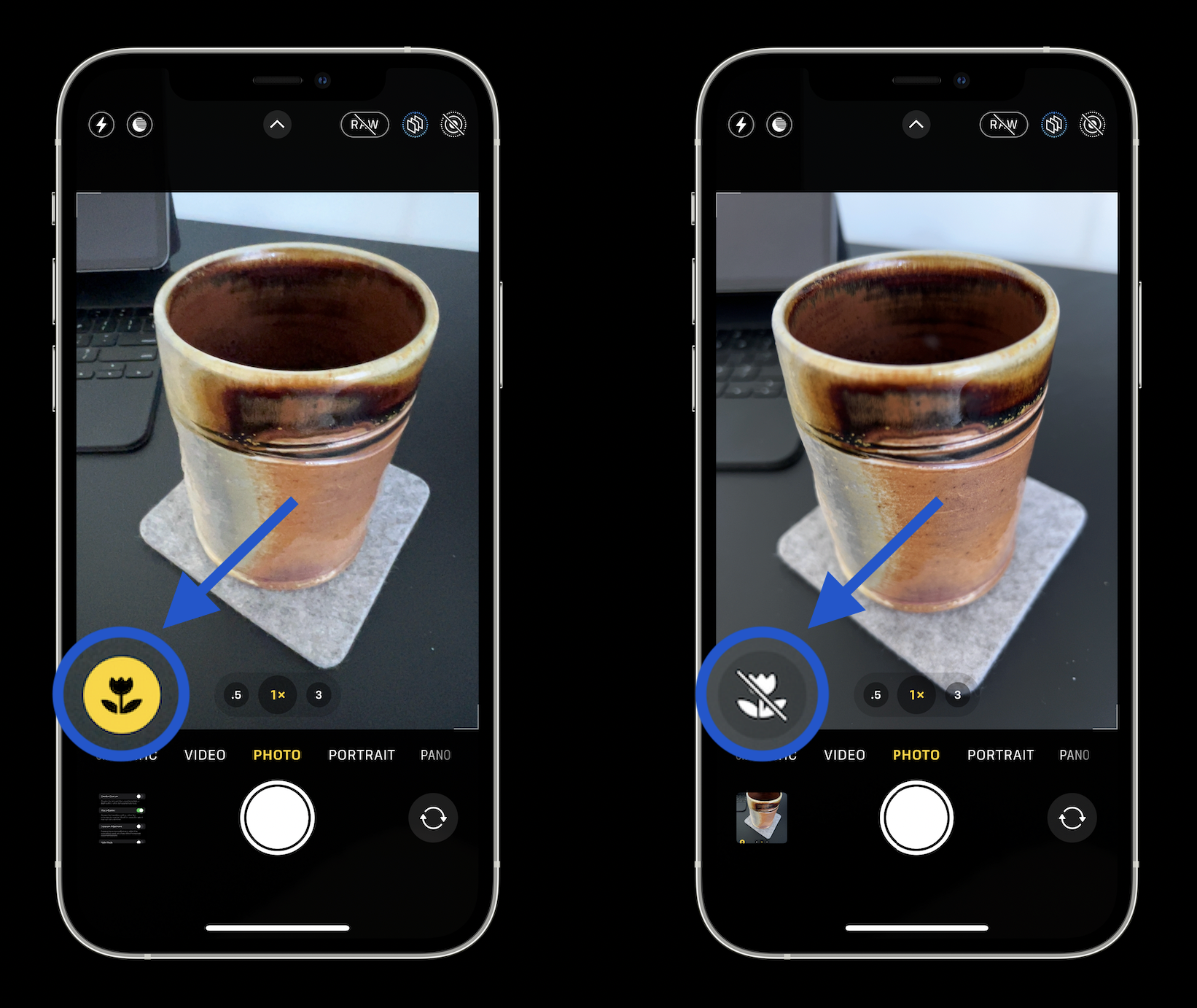 How to enable Macro toggle iPhone 13 Pro and Pro Max camera - walkthrough - flower icon in Camera app in bottom corner