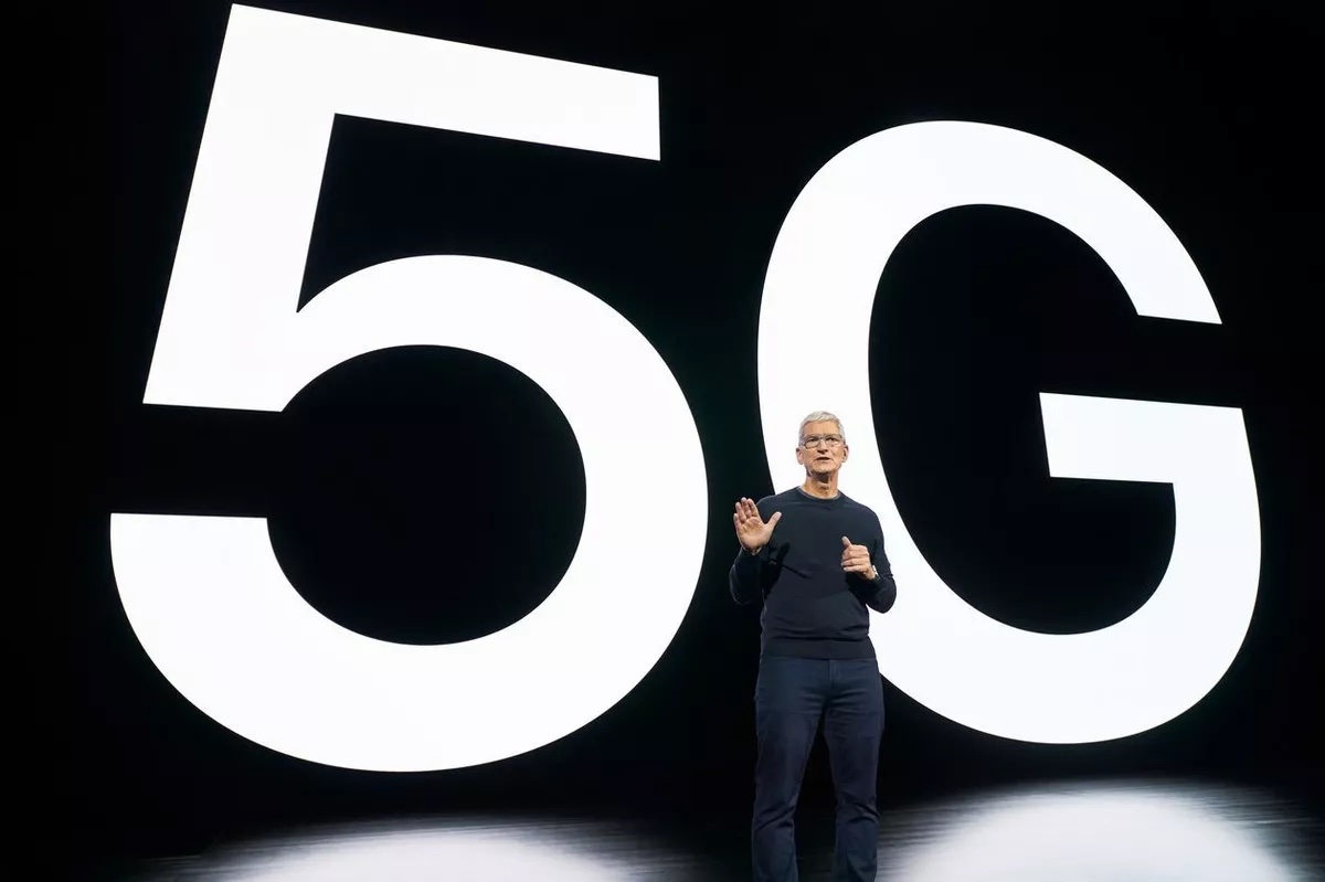 Apple CEO Tim Cook introduces 5G on iPhone.
