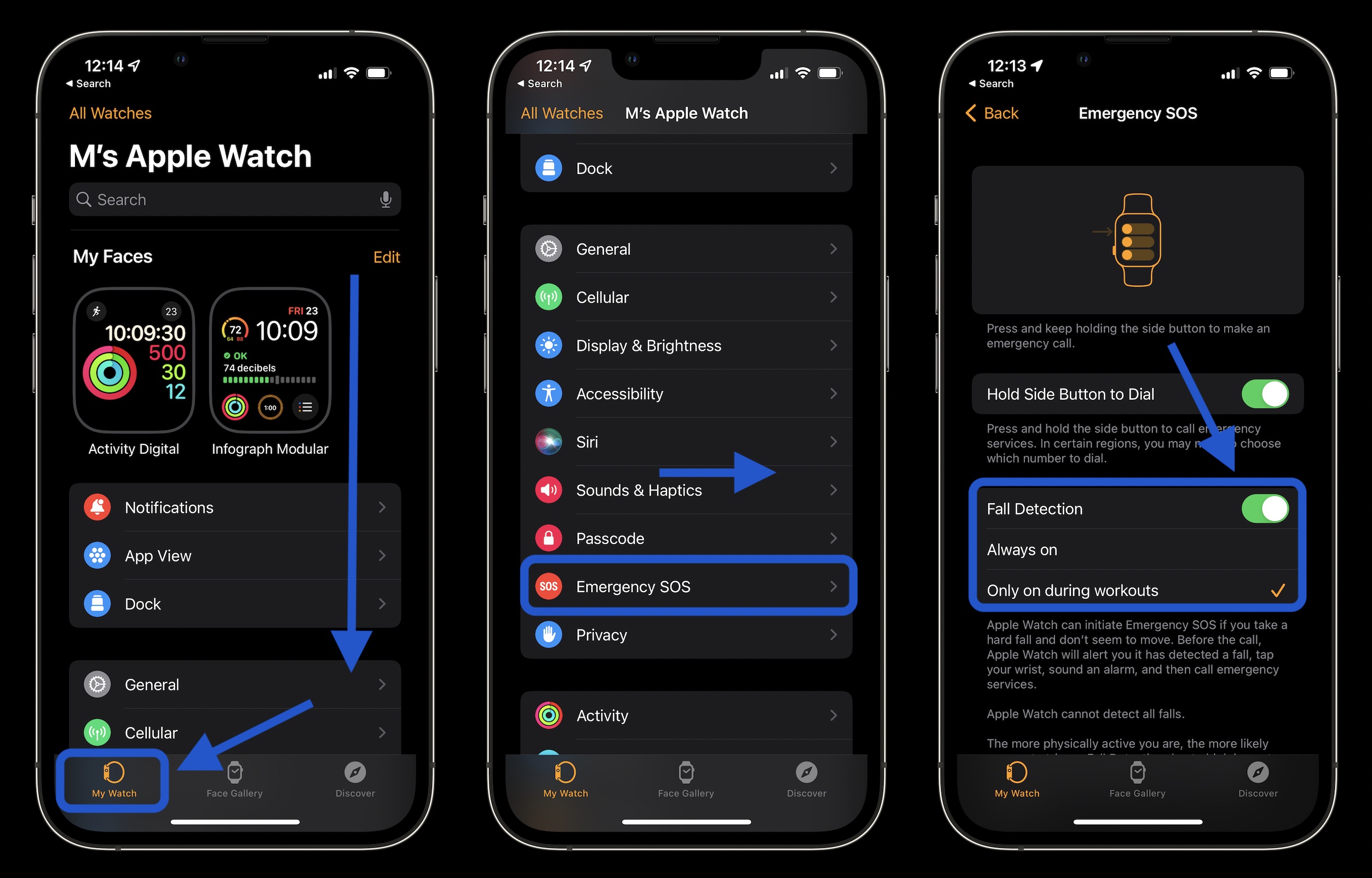 How to turn on Apple Watch fall detection walkthrough 1 - Apple Watch app > My Watch tab > Emergency SOS