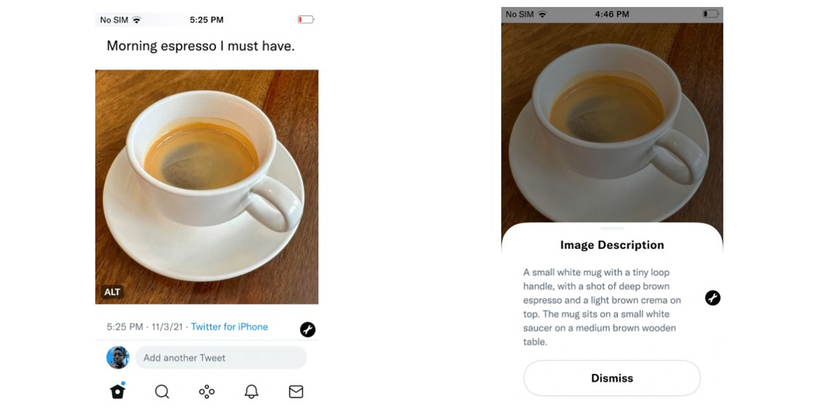 Twitter accessibility improved :Two screengrabs of Twitter accessibility improvements, the first showing the ALT badge, the second showing the ALT text