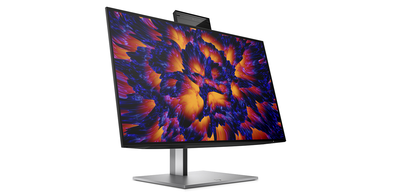 photo of HP monitor includes pop-up webcam with Center Stage-style tracking image