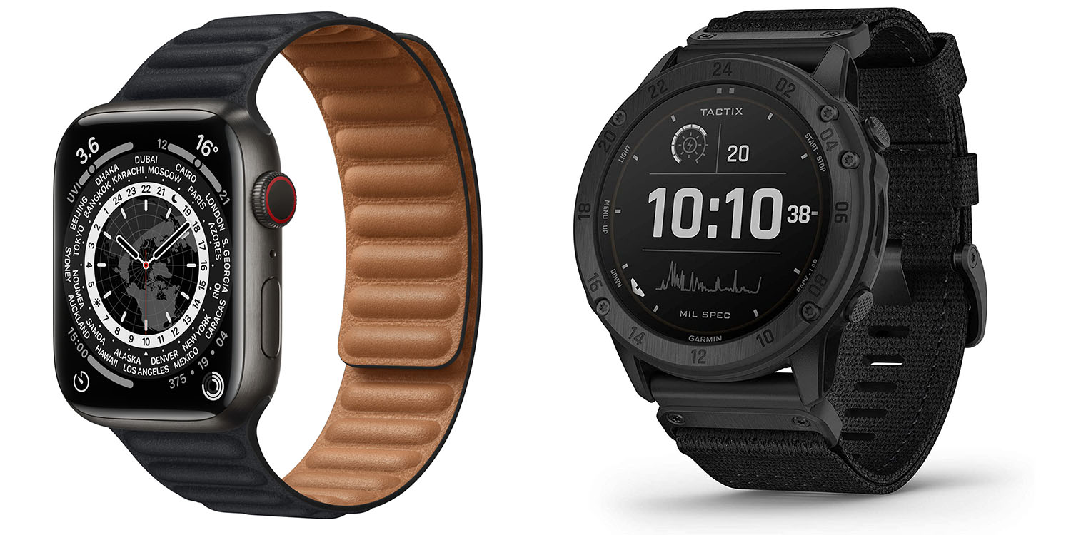 Smartwatch market leader | Apple Watch S7 left, Garmin Tactix right
