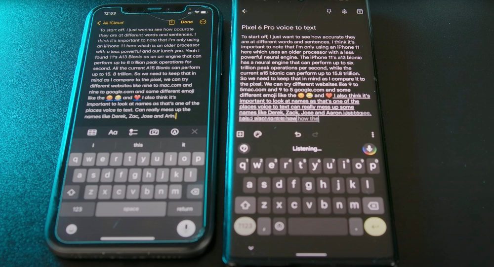 iOS 16 dictation beside Pixel 6 Pro voice typing