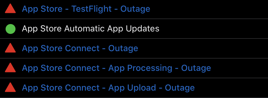 App Store Connect, TestFlight and other Apple services are currently down