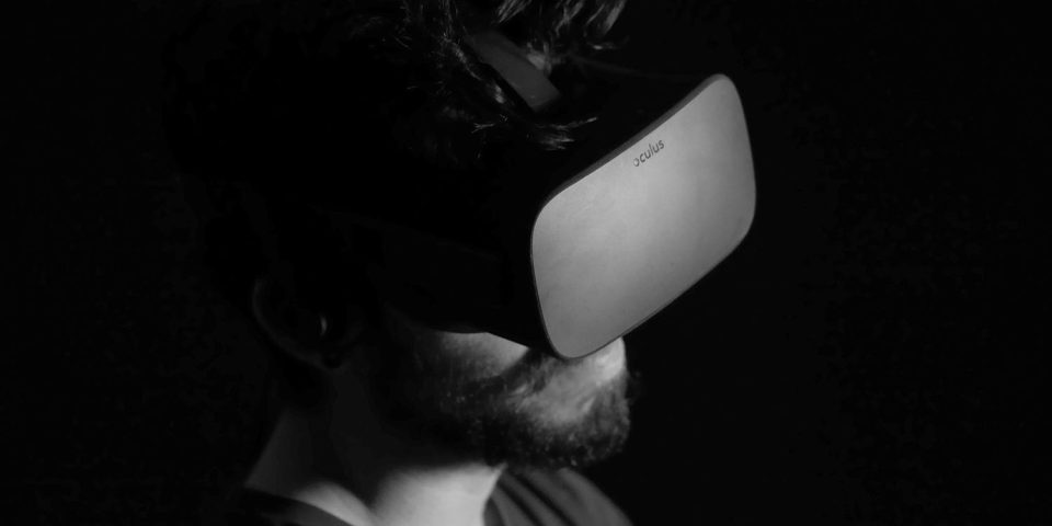 VR headset seen against black background