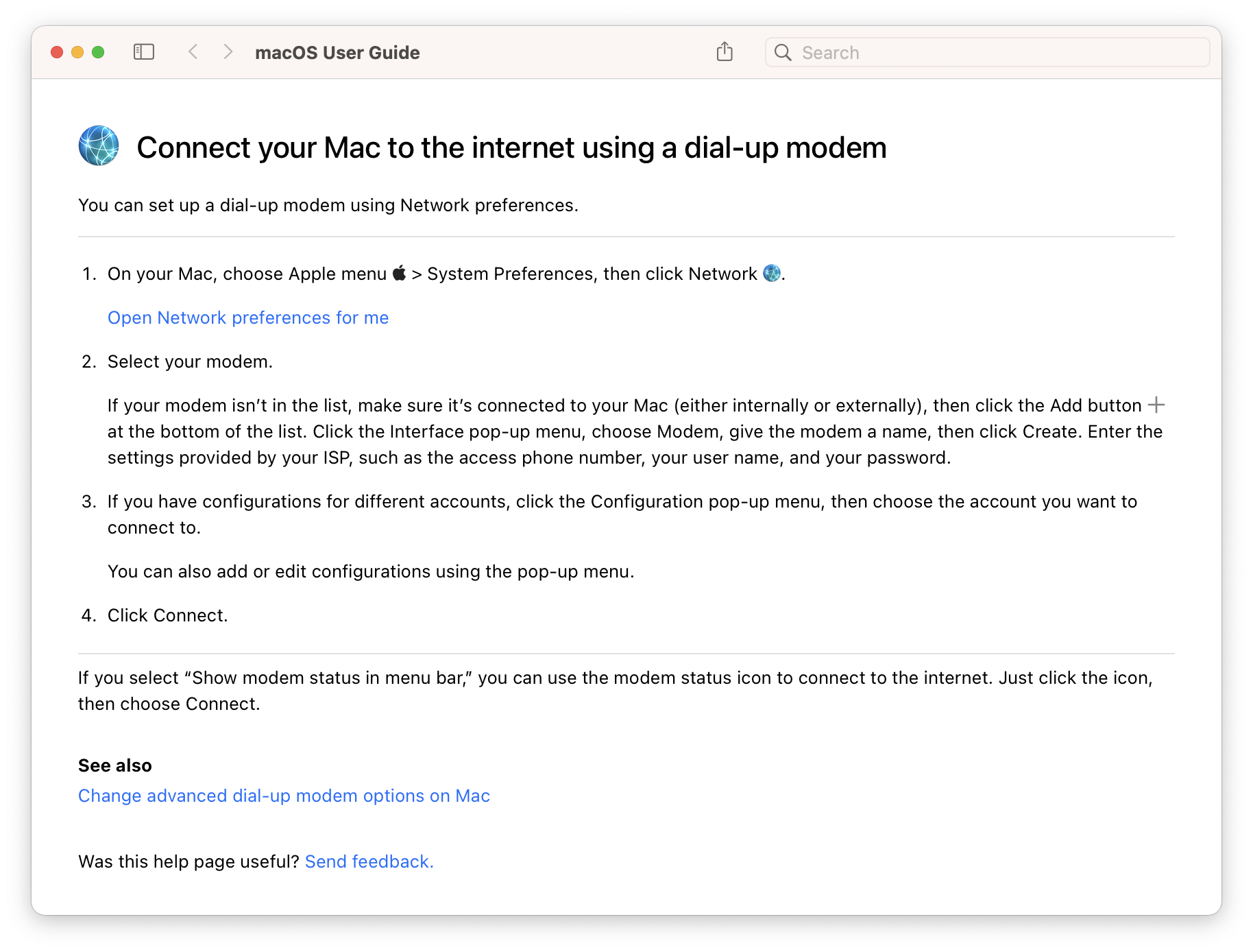 Sorry, Apple will no longer help you set up a dial-up modem on your Mac