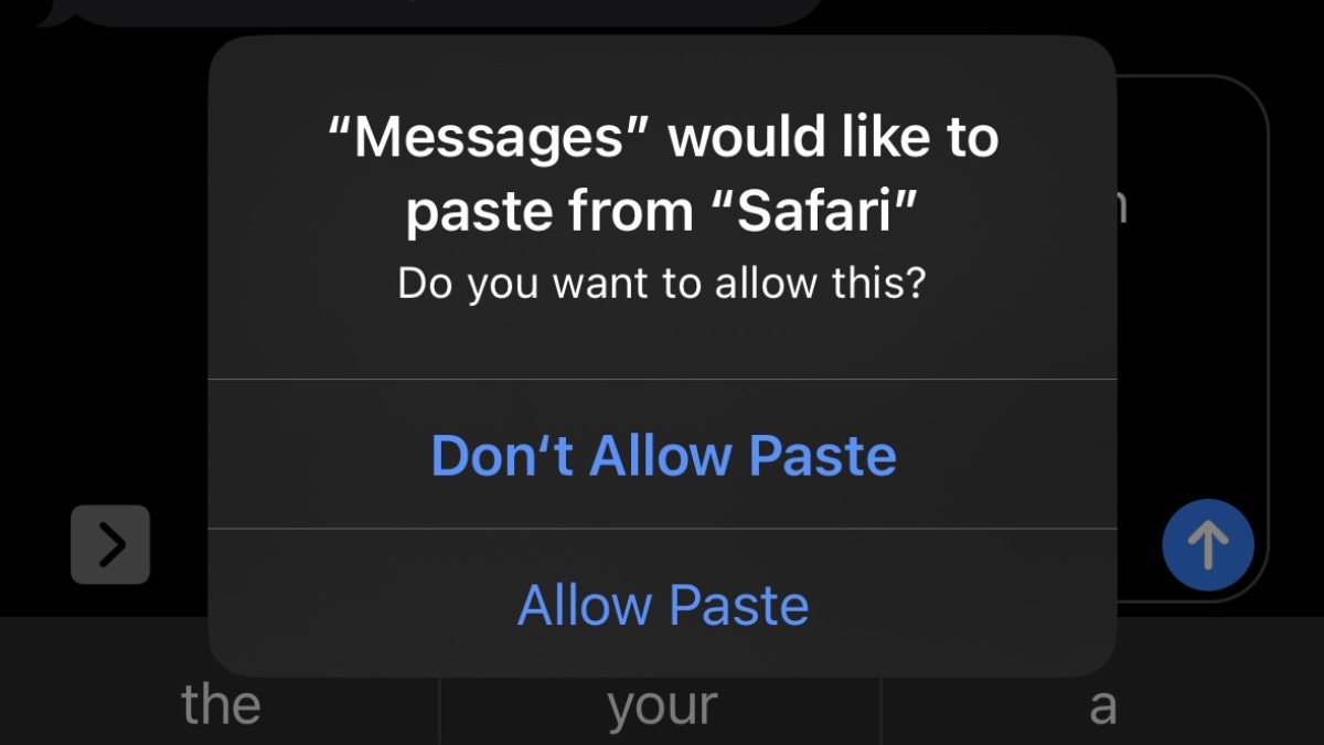 iOS 16 copy paste alert