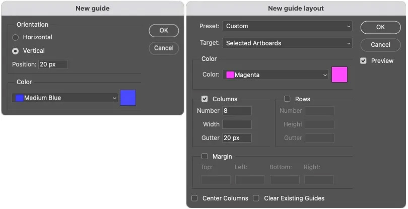 Photoshop Guides layout panel