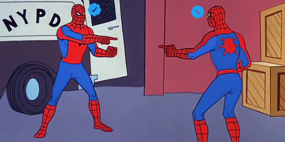 two verified spider-man people pointing at each other