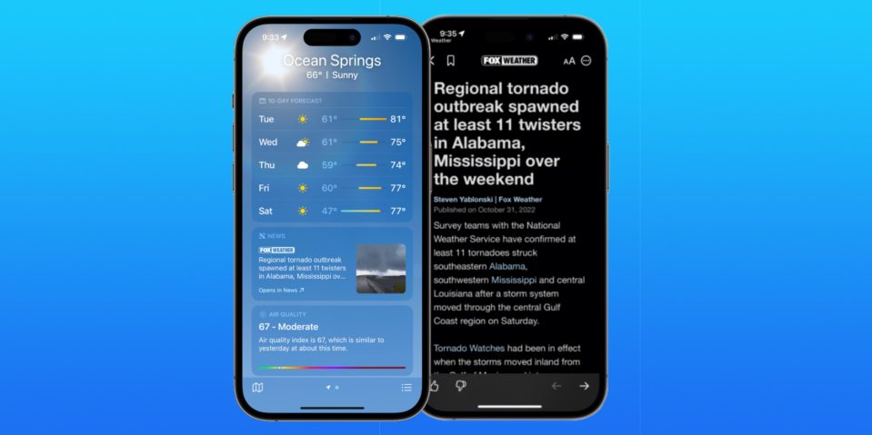 Apple Weather with Apple News story integration on iPhone