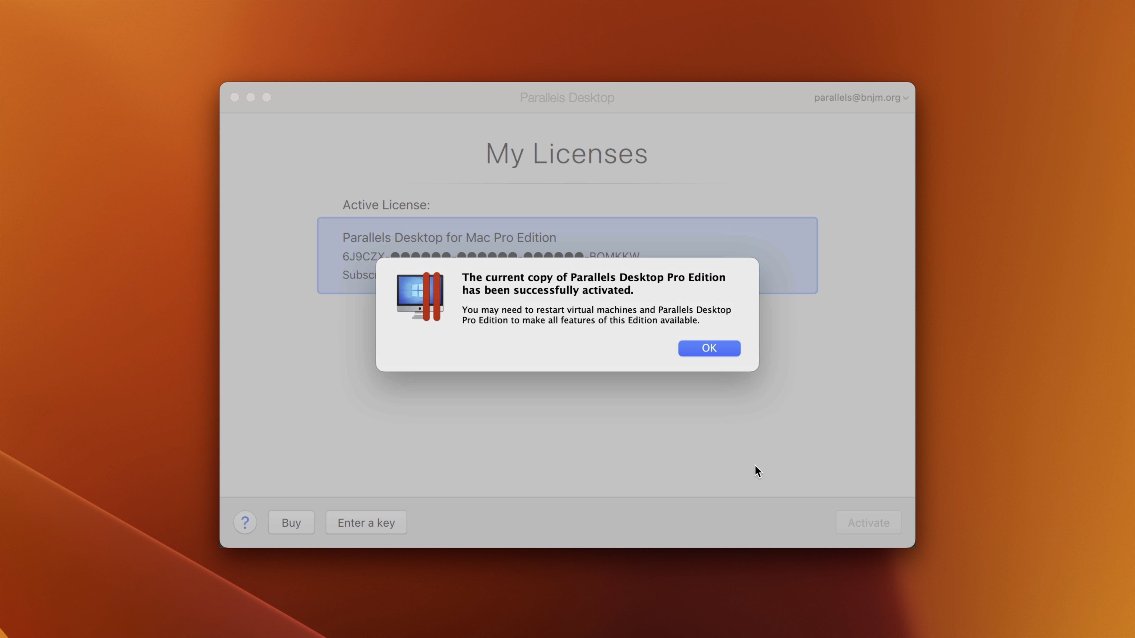 Activating Parallels Desktop Pro Edition with my license.