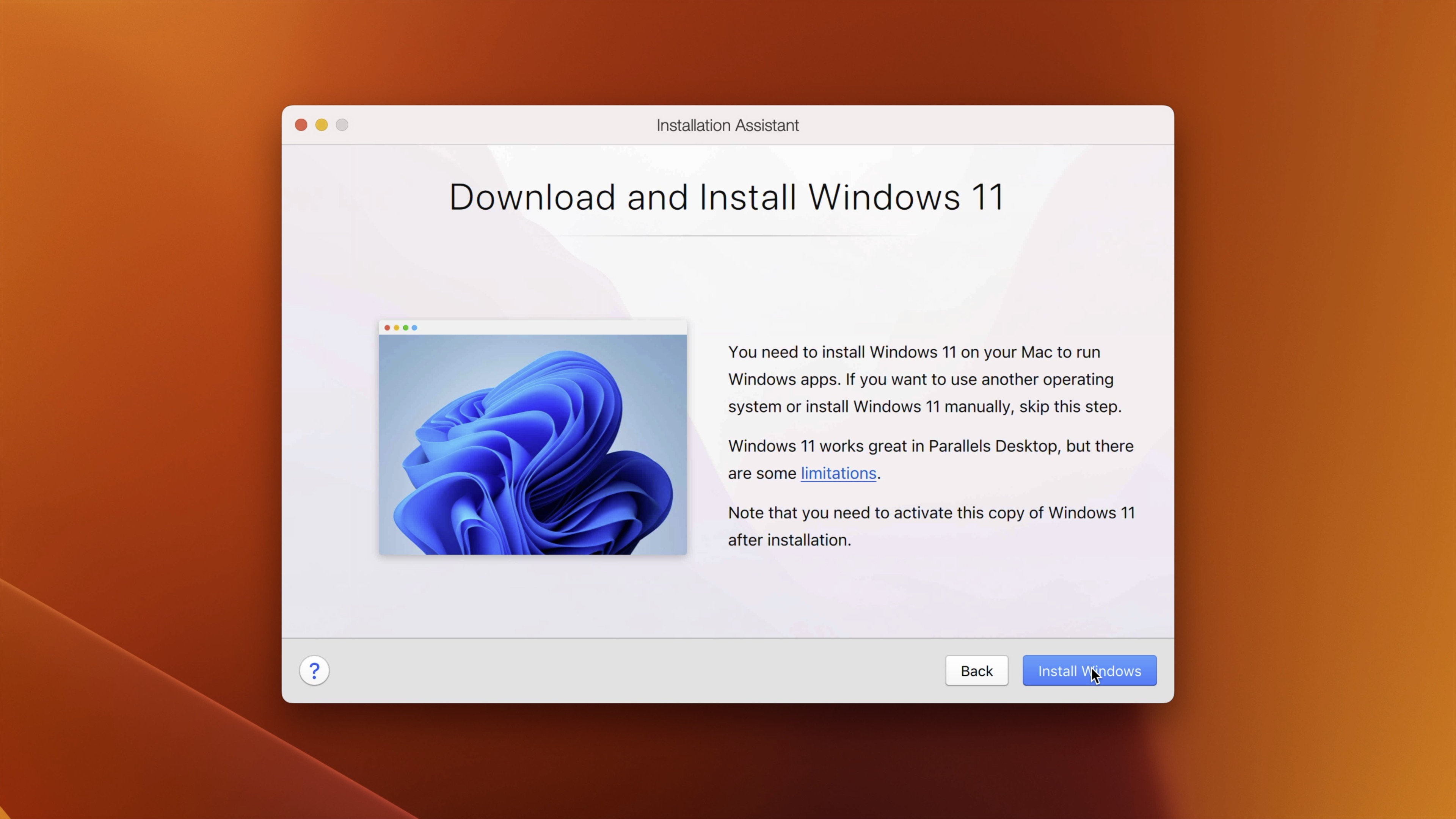 The Parallels Desktop 18 one-click installer prompt makes it easy to install Windows 11 on Apple Silicon Macs.