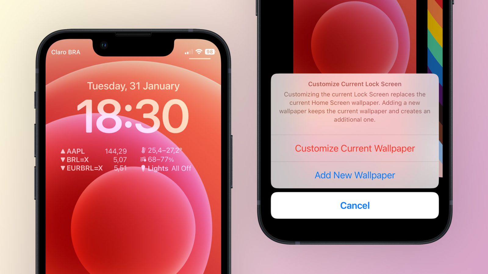 iOS  lets users add lock screen widgets to a classic wallpaper