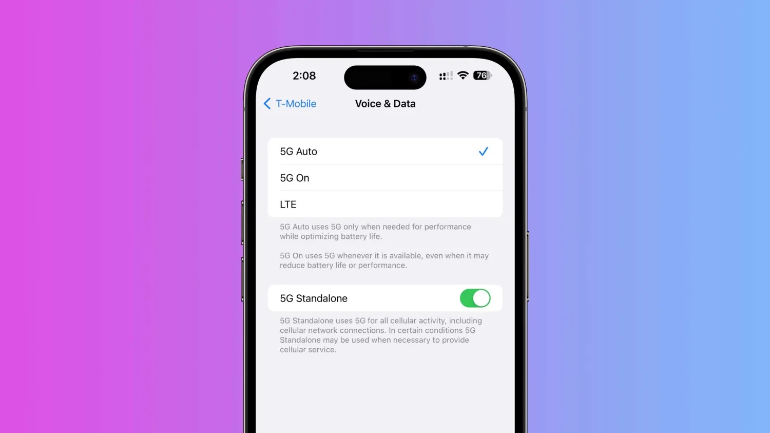 5G autonome activé sur iPhone