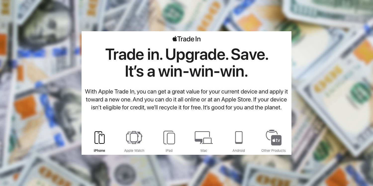 Apple trade-in prices | Screengrab on blurred dollar background