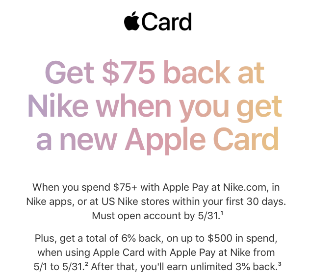 Apple Card promo offers 6 cashback on Nike purchases, 75 bonus for