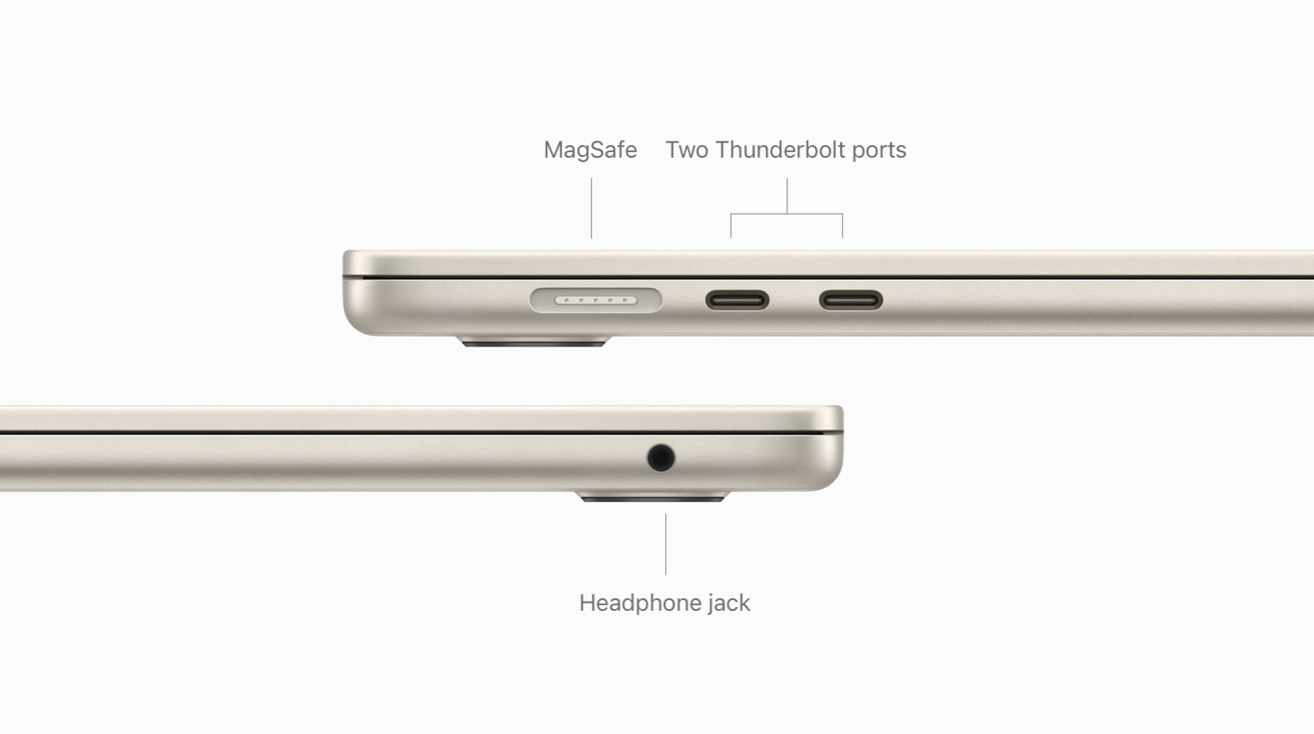 15 inç MacBook Air ve 16 inç Intel MacBook Pro I/O karşılaştırması