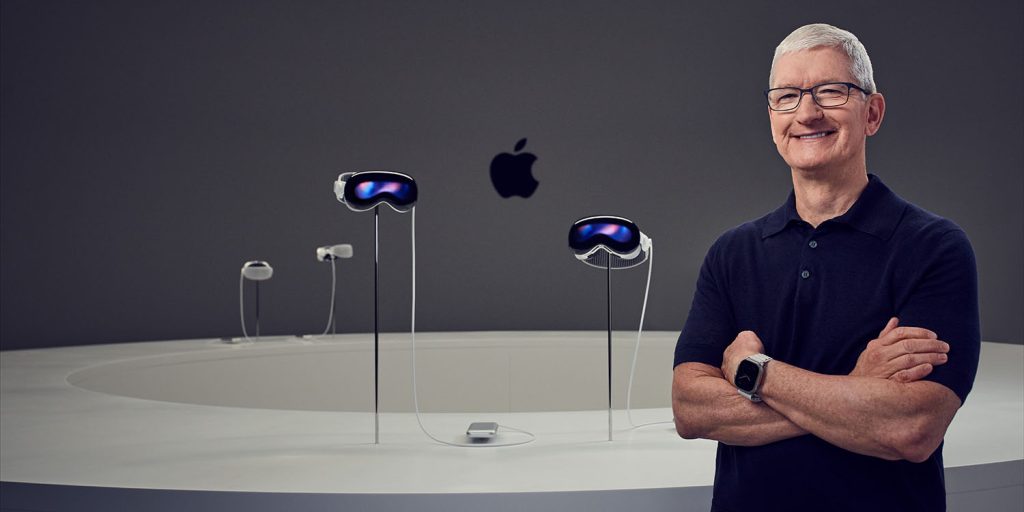 Everything announced at WWDC 2023 | Tim Cook standing in front of Vision Pro display