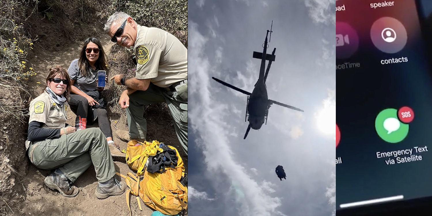 Hiker with broken leg rescued | Photo montage of woman on ground, helicopter hoist, and iPhone screengrab