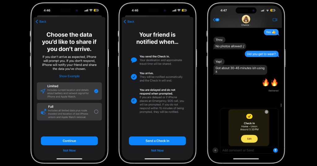 Check-in do recurso de privacidade de segurança do iPhone no iOS 17 em 18 de setembro