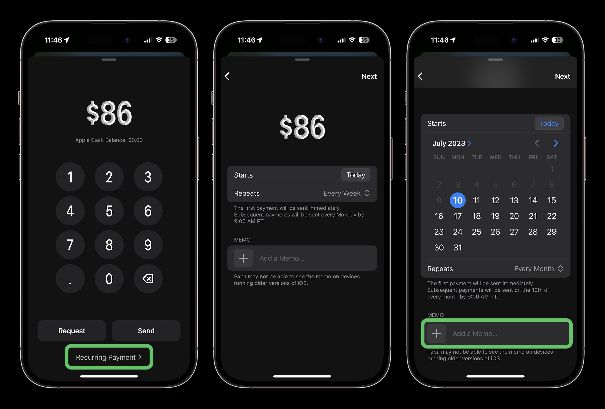 recurring Apple Cash payments 2