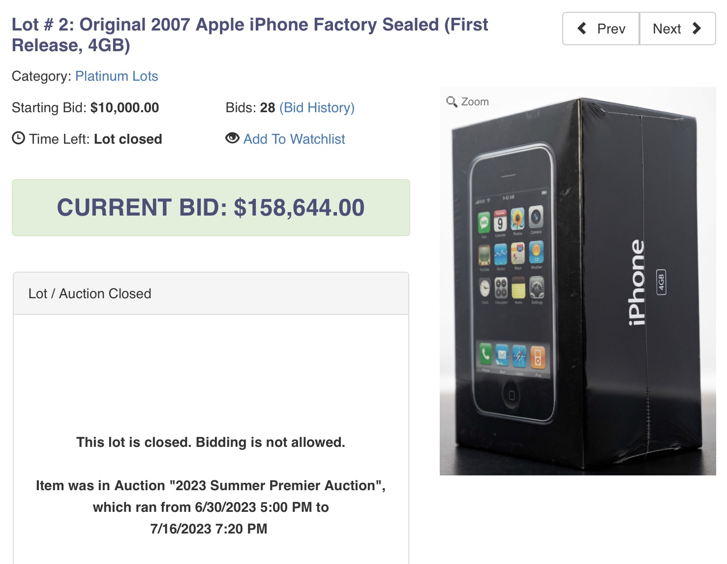 Sealed original iPhone breaks record $158,000