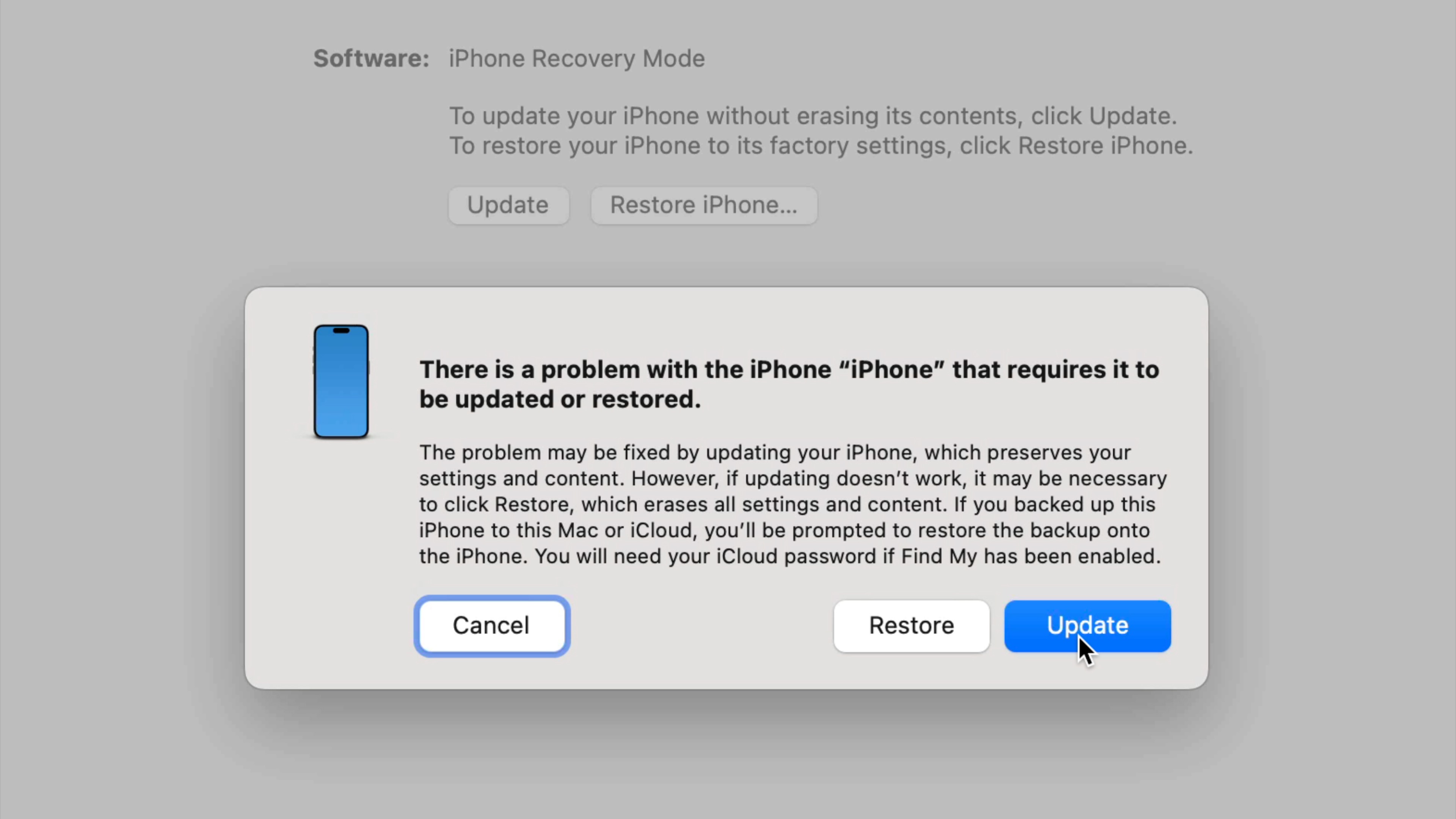 macOS Finder iPhone 15 Pro Max Recovery Mode Μήνυμα για επαναφορά ή ενημέρωση