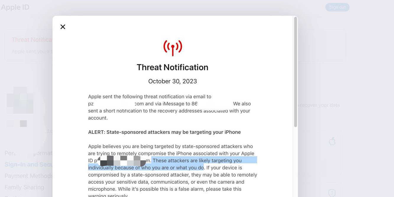 iPhone hack warning | A copy of the alert message from Apple