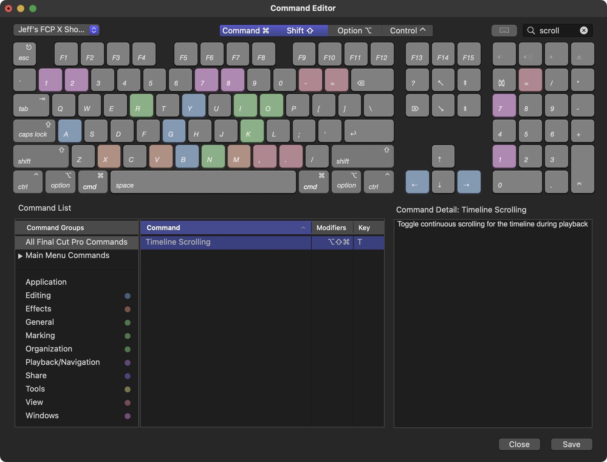 Editor de comandos do Final Cut Pro 10.7 mostrando como criar um atalho de teclado para alternar a rolagem da linha do tempo.