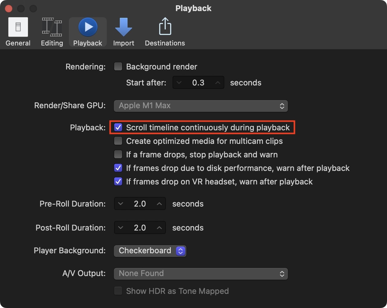 Final Cut Pro 10.7 Settings. The Playback page showing the option to scroll timeline continuously during playback.