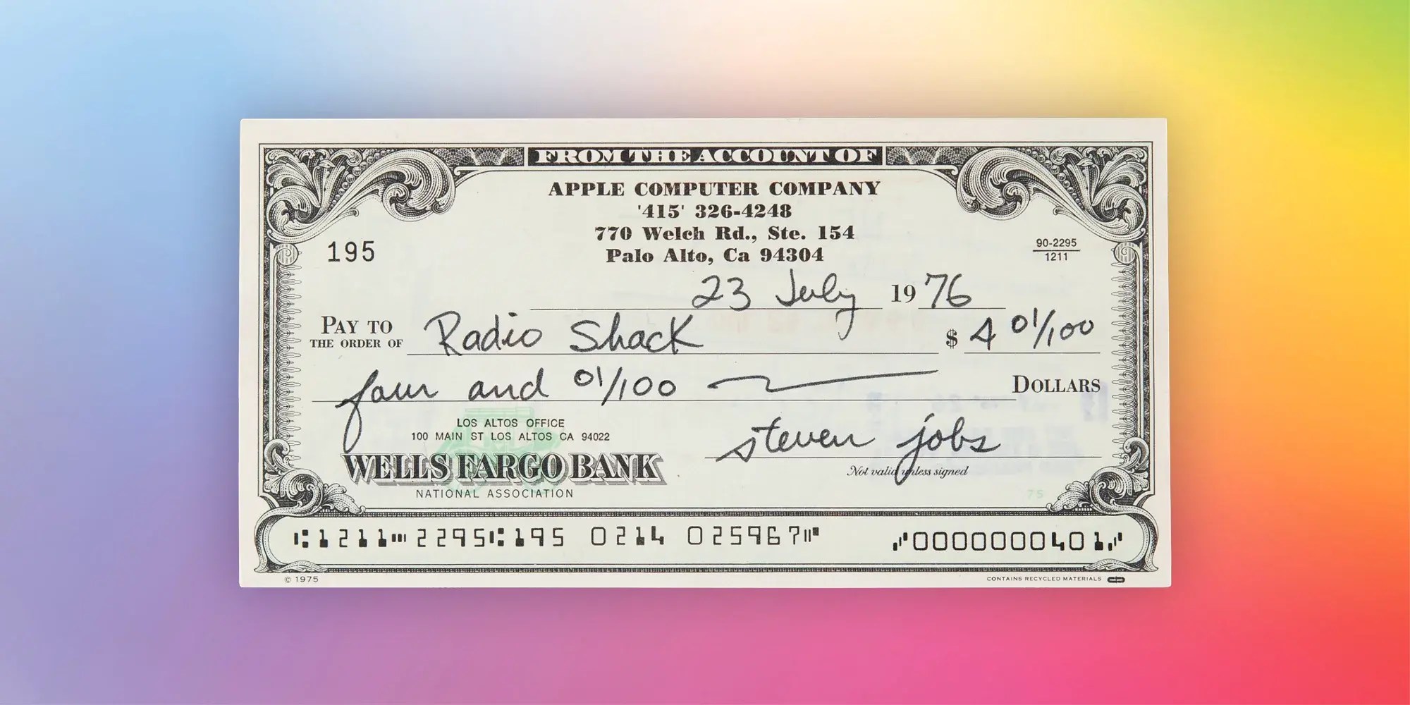 Jobs signed Apple check to RadioShack up for auction with this