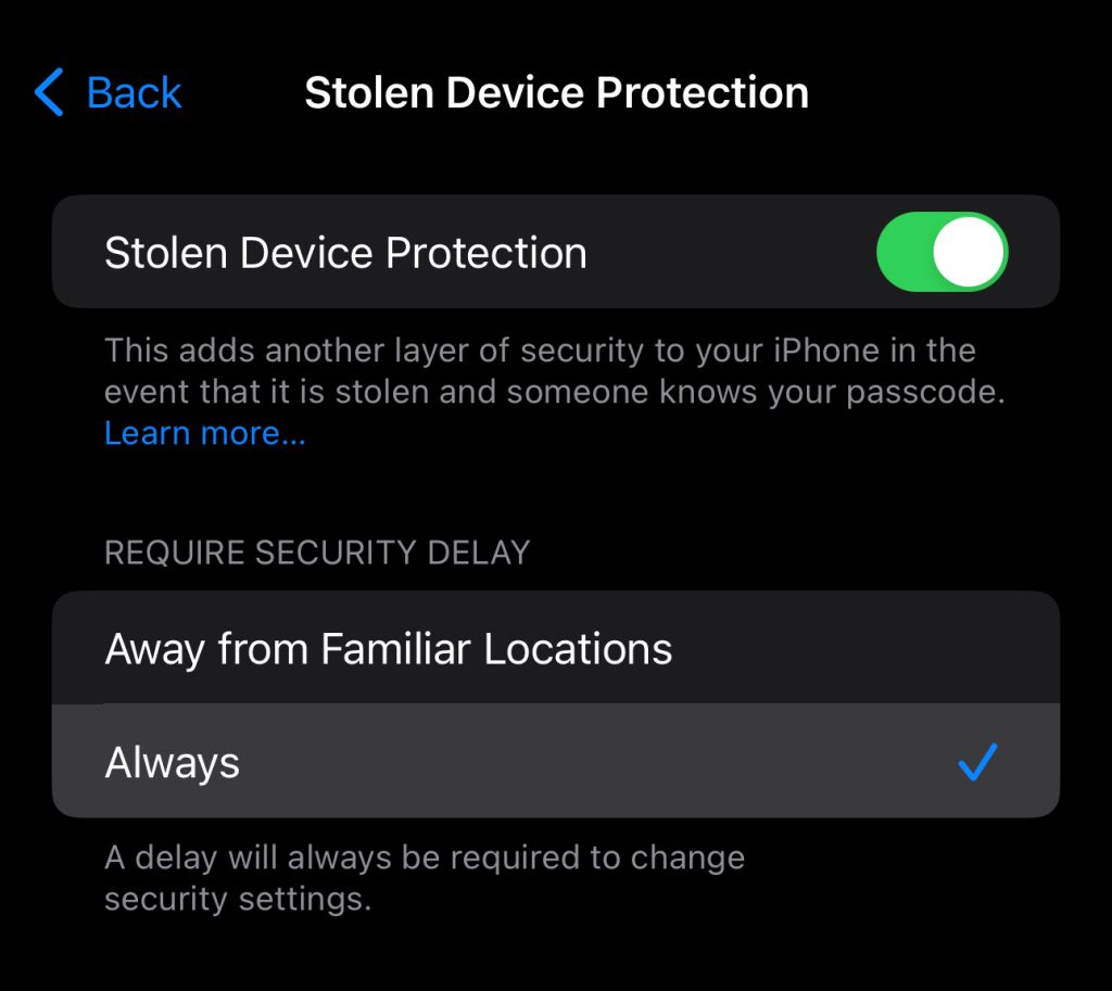 Stolen Device Protection settings page in iOS 17.4
