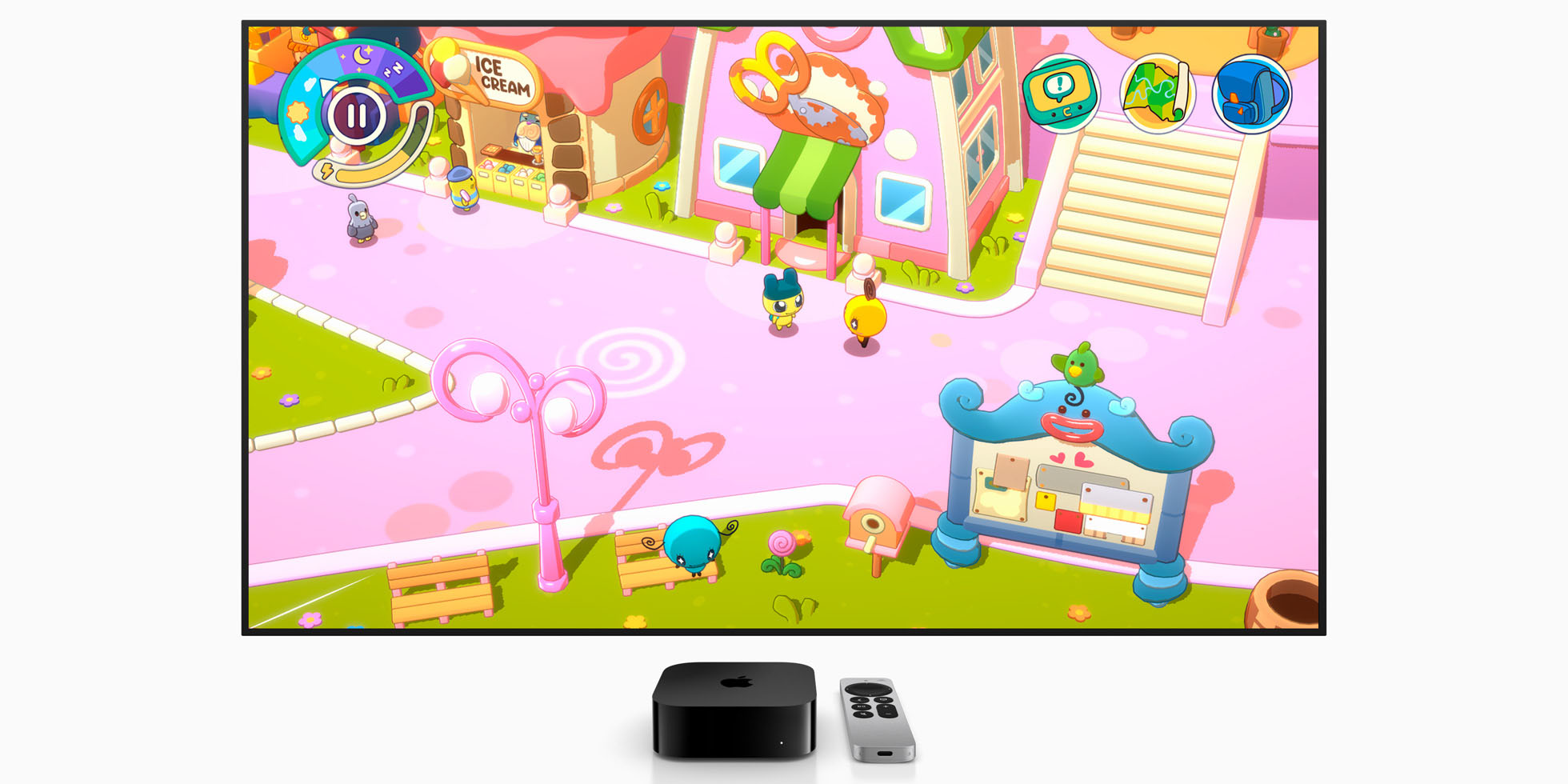 Apple Arcade подверглась критике | Игра «Королевство приключений Тамагочи» на большом экране телевизора