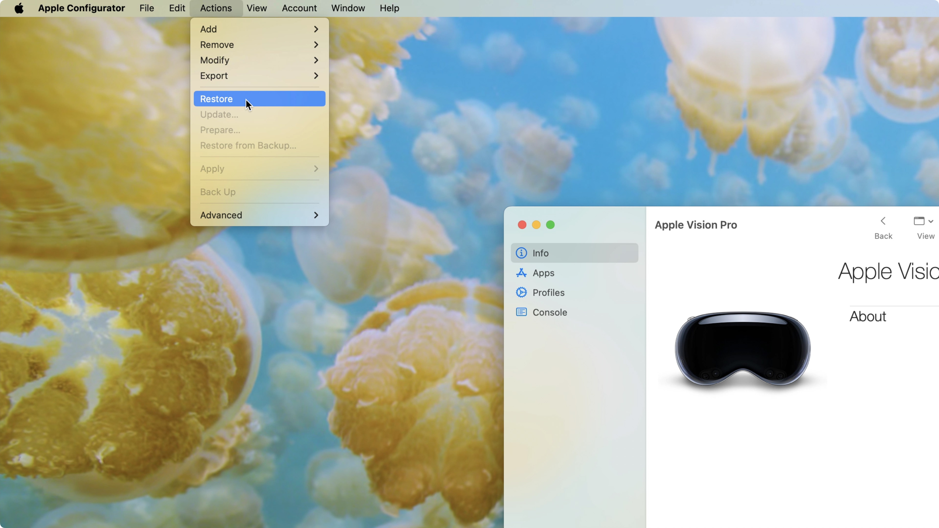 Option de restauration pour visionOS à l'aide d'Apple Configurator avec Apple Vision Pro.