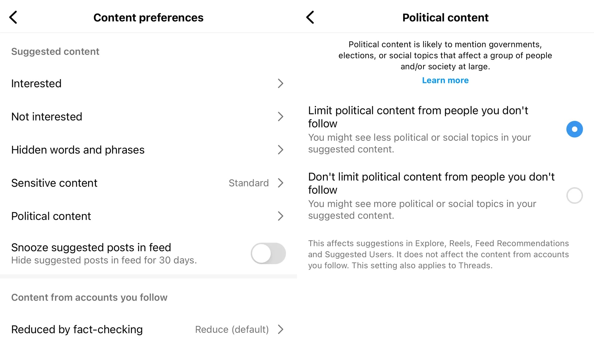 Les utilisateurs d'Instagram et de Threads peuvent désormais choisir de limiter le contenu politique dans leur timeline