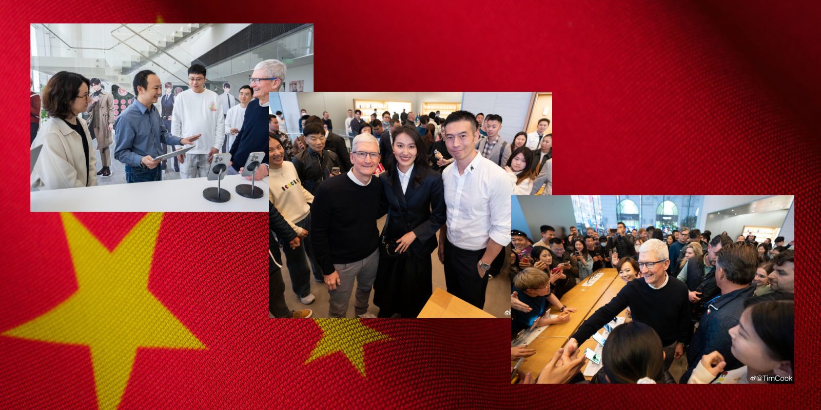 Tim Cook est en Chine |  Photos de la visite sur fond de drapeau chinois