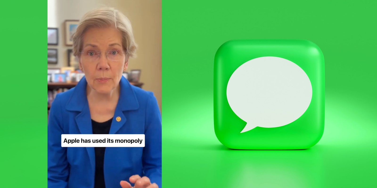 Elizabeth Warren on green texts | Screengrab with green text icon