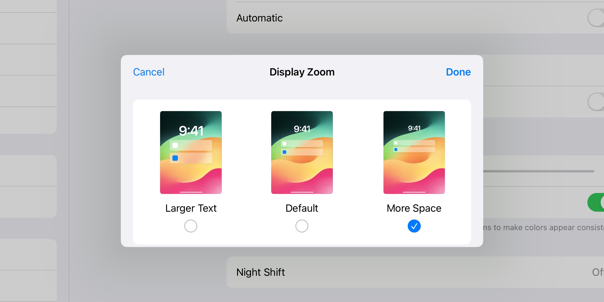 iPadOS display setting for More Space