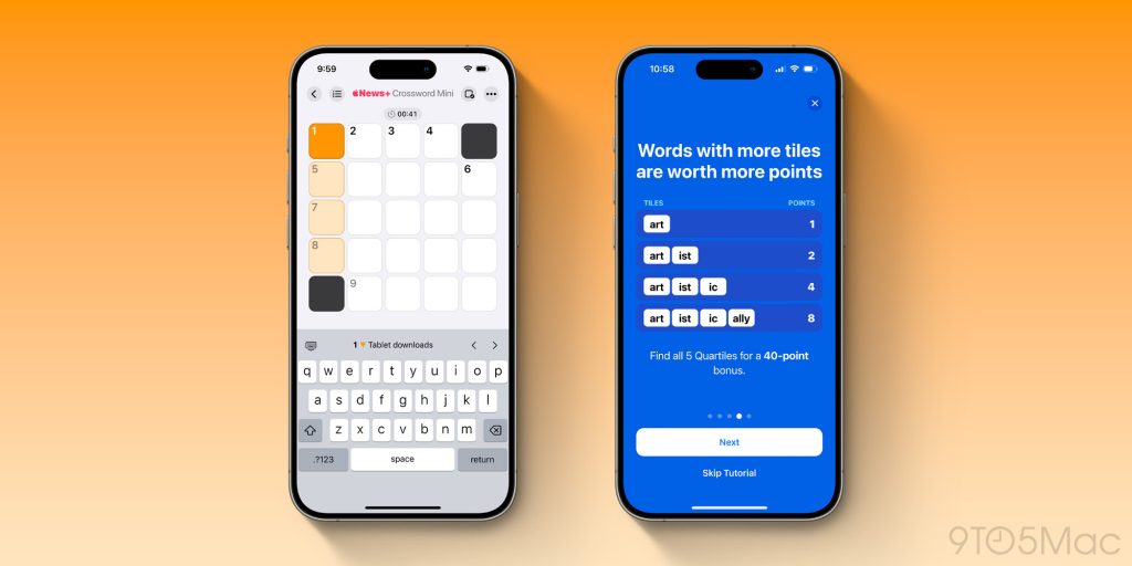 iPhone with News+ Crossword and Quartiles games