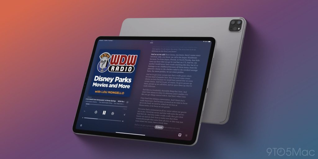 iPad Pro visualizando uma transcrição no aplicativo Podcasts