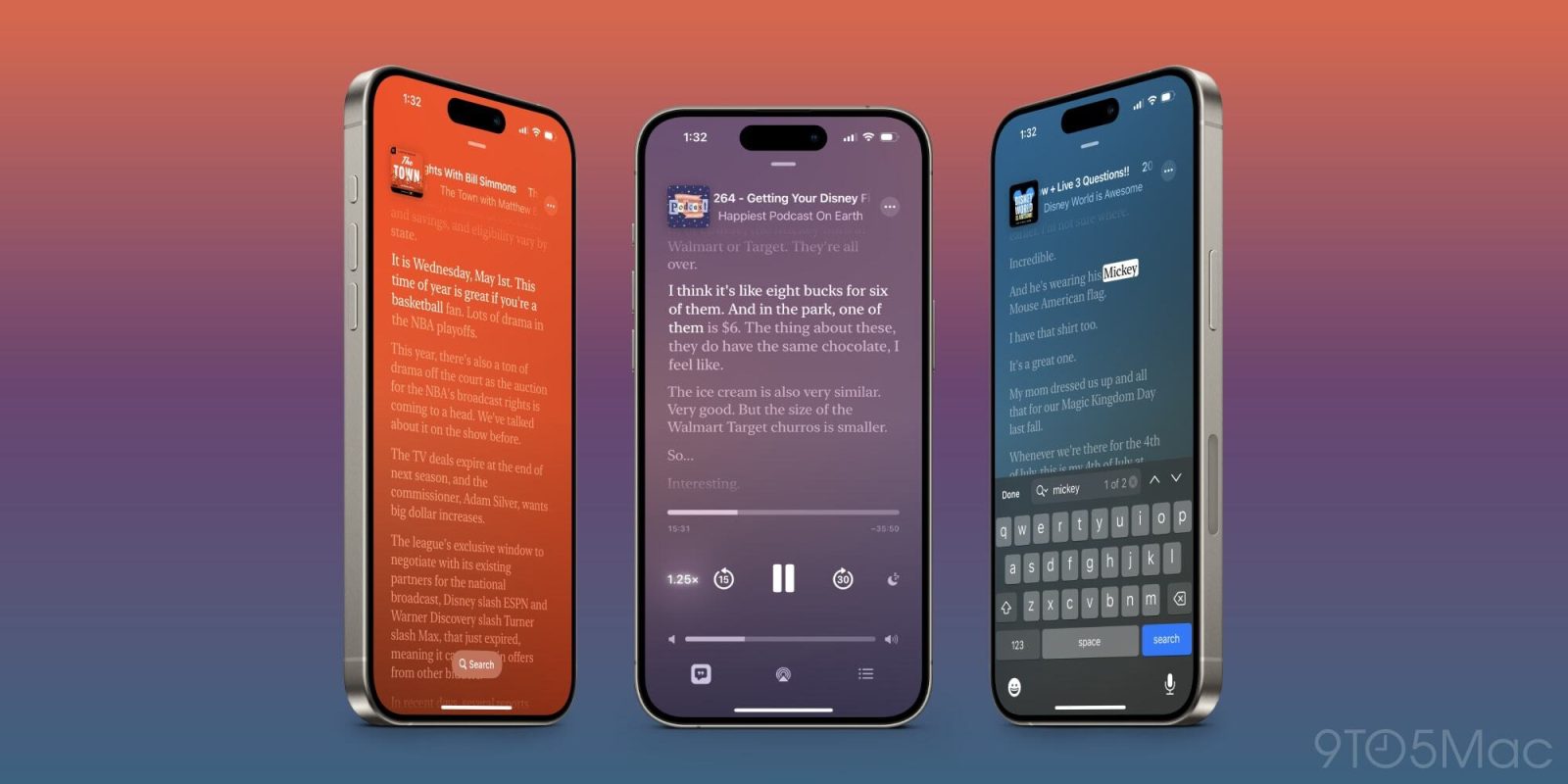Three iPhones featuring transcripts from Apple Podcasts