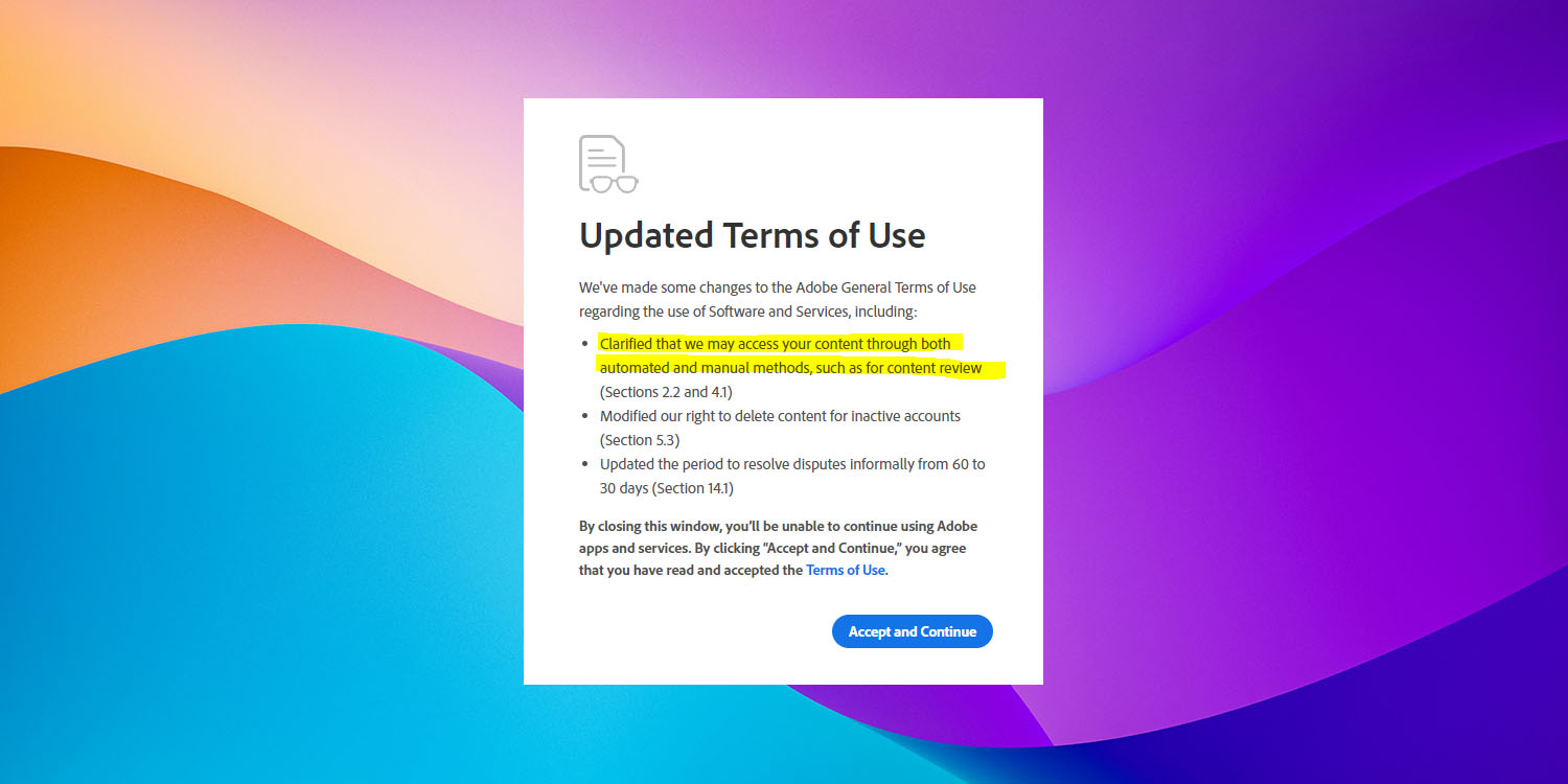 Change to Adobe terms & conditions | Alert message