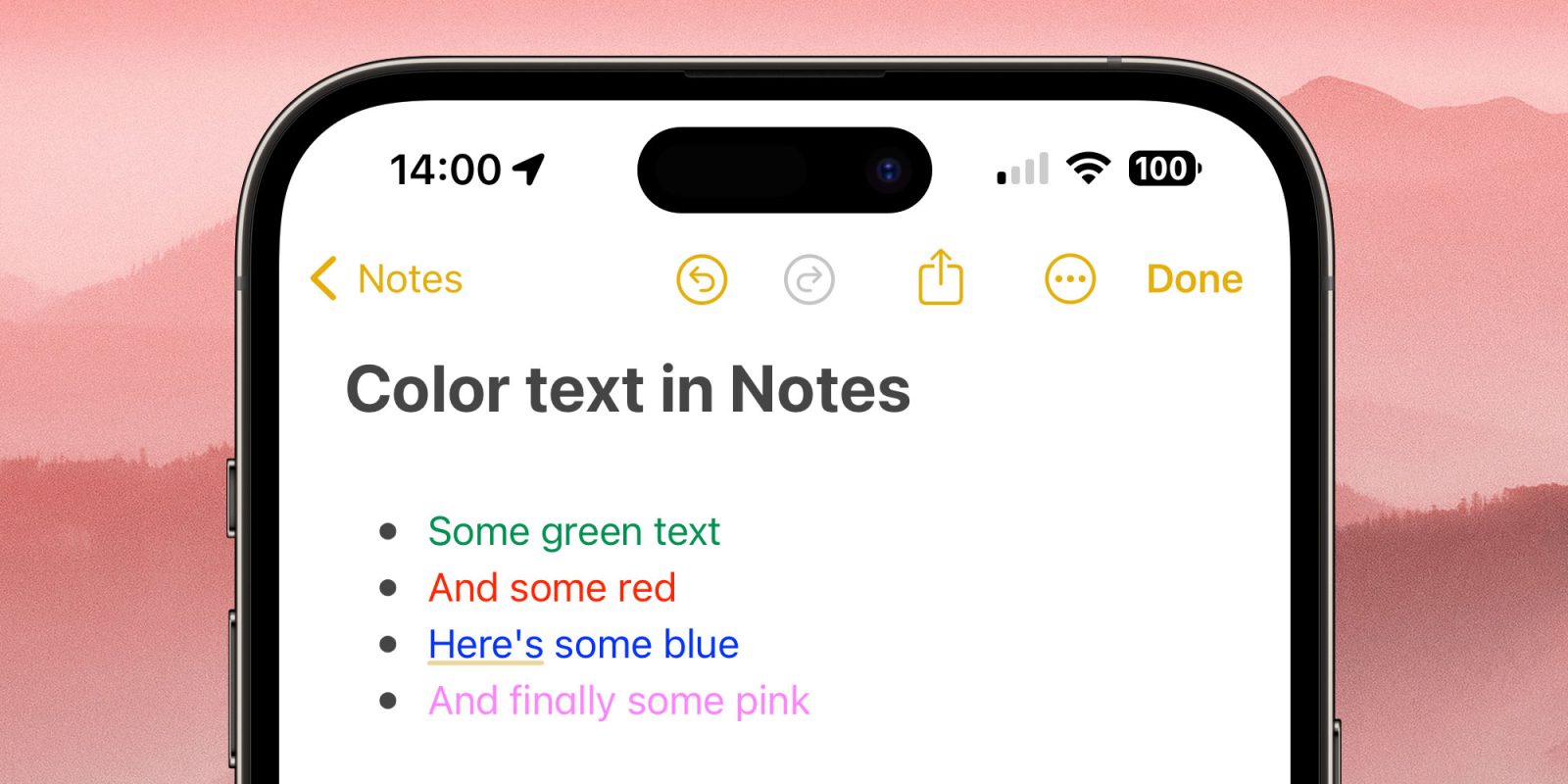 متن رنگی در Apple Notes (در اینجا در آیفون مشاهده می شود)
