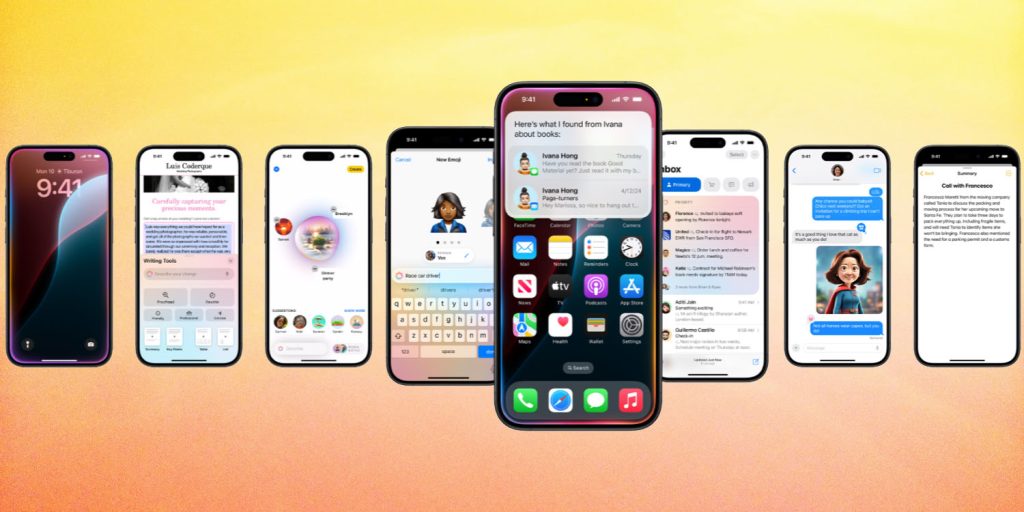 Peningkatan Siri, ChatGPT, Apple Intelligence, dan lainnya | Gambar promo Apple dengan latar belakang berwarna-warni