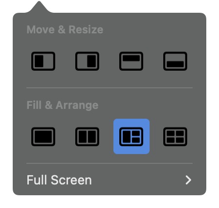 Window tiling options when hovering over green stop light button in macOS Sequoia.