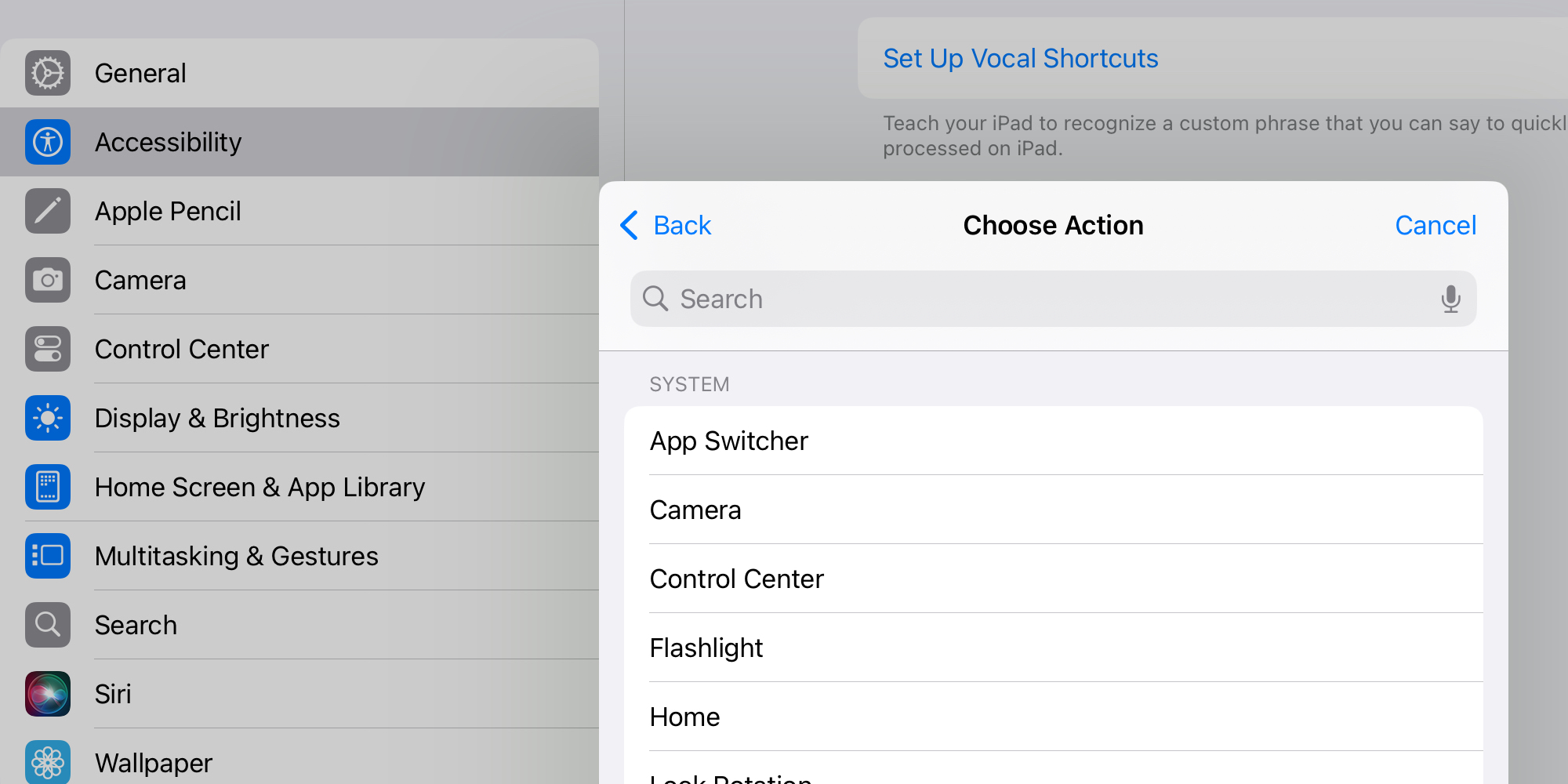 Choosing an action for your Vocal Shortcut