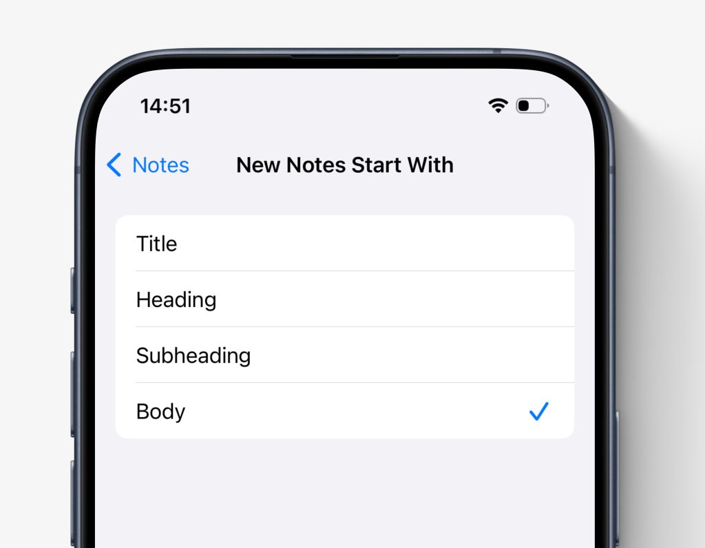 new notes start with iphone setting