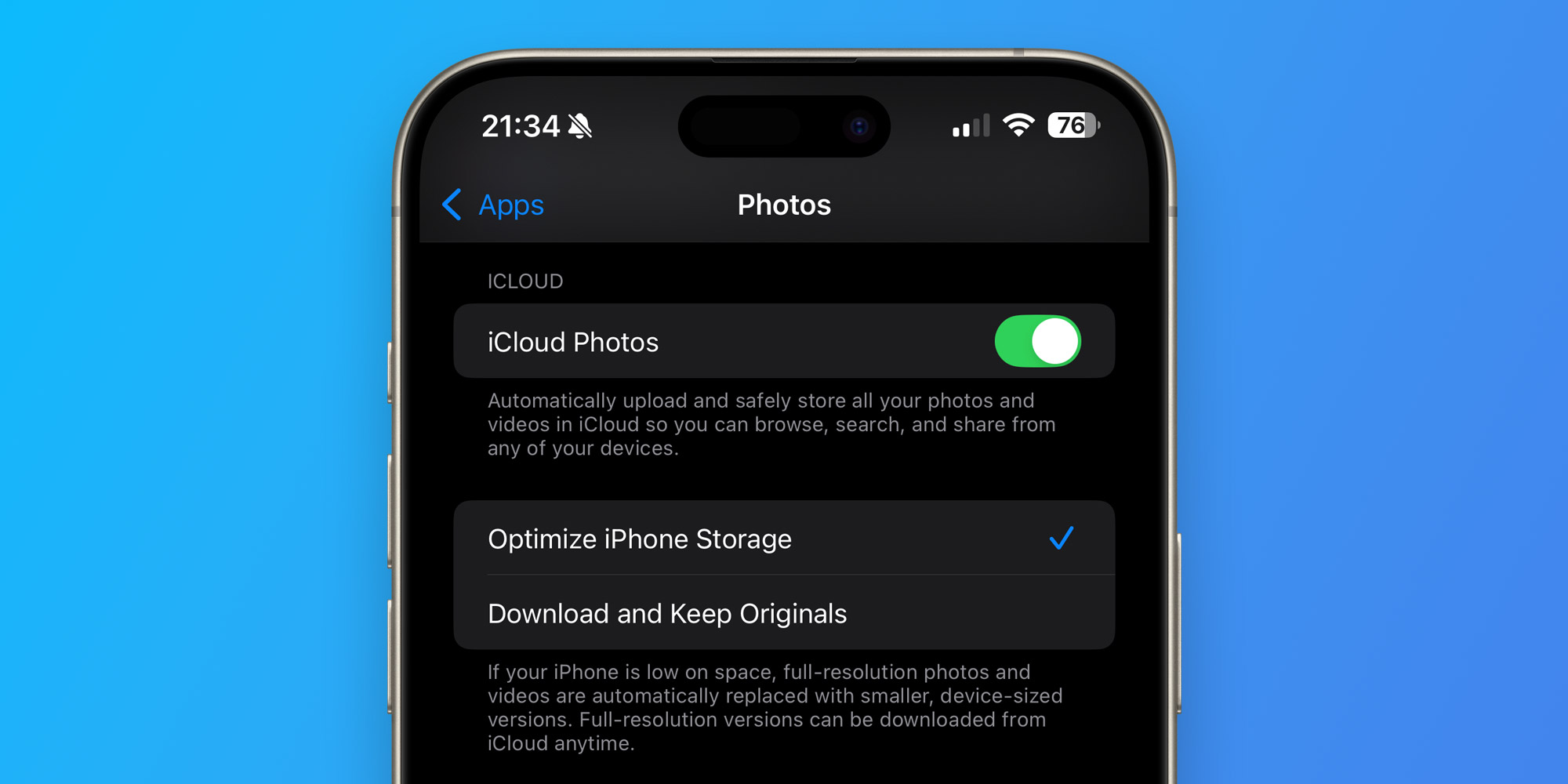 iCloud Photo storage settings