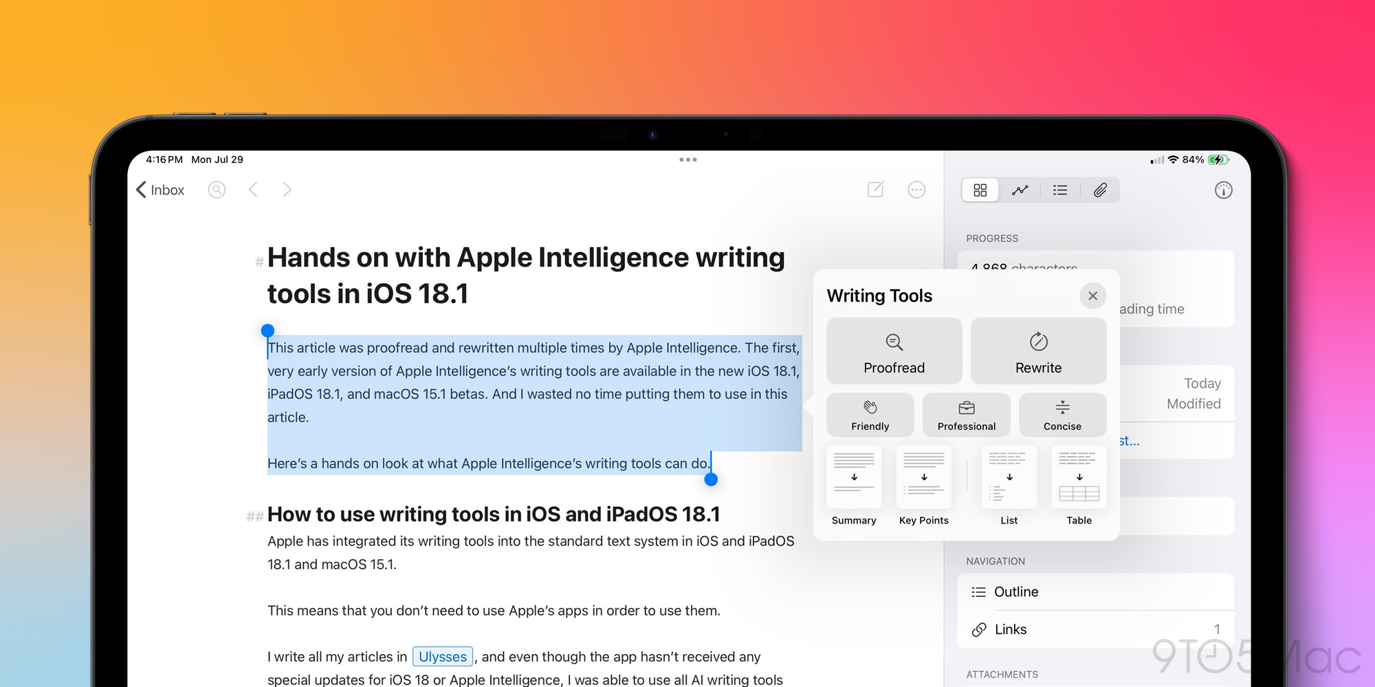 Apple Intelligence writing tools in iPadOS 18.1