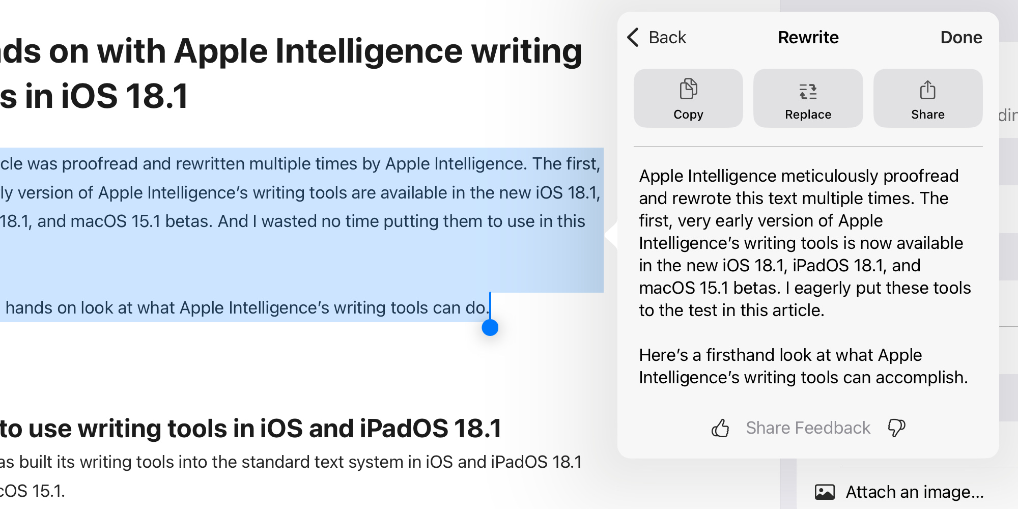 Apple Intelligence rewrite suggestion